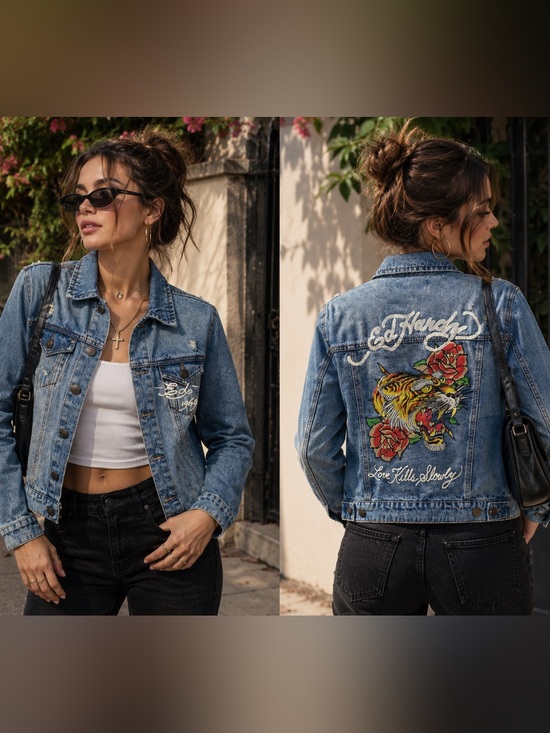 Ed Hardy Jackets & Blazers - Ed Hardy Blue Denim Jacket with Yellow Tiger and Red Roses